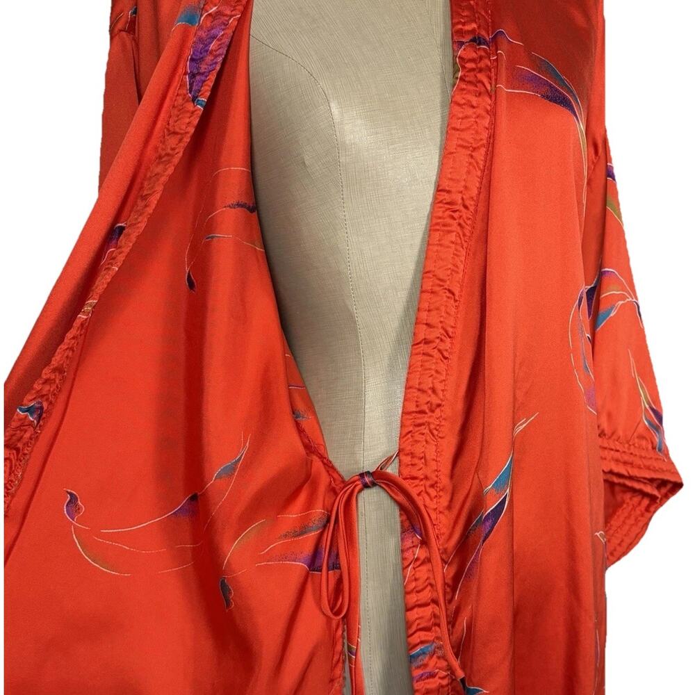 Vintage California Dynasty Style Kimono Robe Belt Red Botanical Satin Size Large - Picture 11 of 14